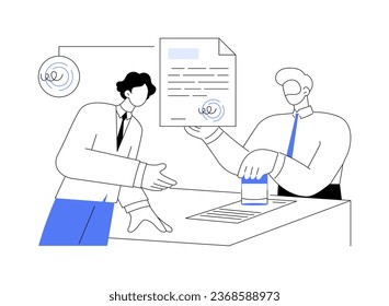 Get licenses and permits abstract concept vector illustration. Businessman with signet deals with business registration, government services, company creation process abstract metaphor.