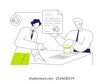 Get licenses and permits abstract concept vector illustration. Businessman with signet deals with business registration, government services, company creation process abstract metaphor.