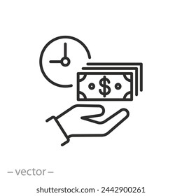 get a loan icon, stack of money in hand, payment or repayment of debt, time is money, thin line web symbol - vector illustration