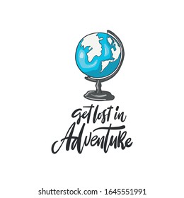 Get lost in adventure. Lettering inspiring typography poster. Vector illustration.