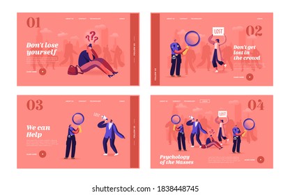 Get Lost in Crowd Landing Page Template Set. Big City Social Problem, Human Behavior, Frustration and Fear. Female Character Get Lost, Police Help, Announcement. Cartoon People Vector Illustration