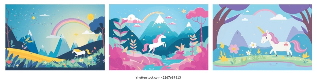 Get Lost in a Magical World with This Adorable Vector Illustration of a Unicorn in a Beautiful Nature Background - Perfect for Adding Whimsy and Enchantment to Your Projects Collection