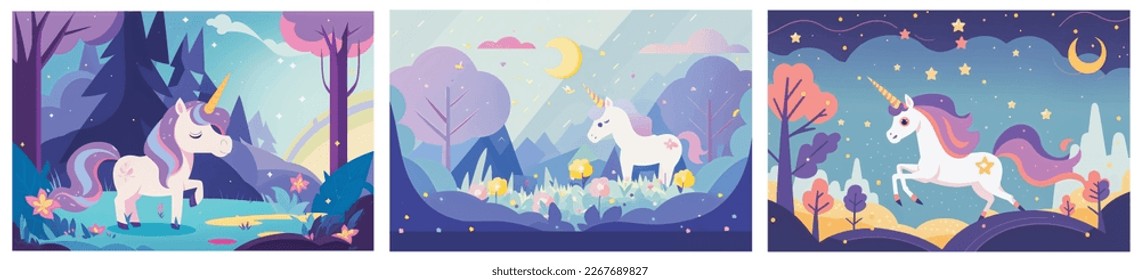 Get Lost in a Magical World with This Adorable Vector Illustration of a Unicorn in a Beautiful Nature Background - Perfect for Adding Whimsy and Enchantment to Your Projects Collection