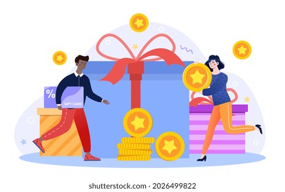 Get loyalty card. Customer loyalty program. Young family rejoices in bonuses. Return of percentage of purchases. Profitable acquisitions. Cartoon vector illustration isolated on white background