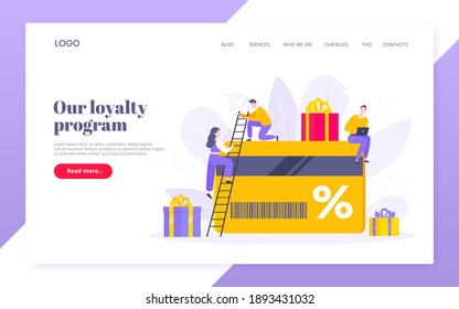 Get loyalty card and customer service business concept flat design vector illustration. Earn loyalty program points and get online reward and gifts. Tiny people with big card and gift box.