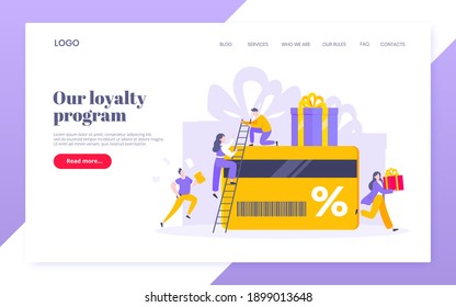 Get loyalty card and customer service business concept flat design vector illustration. Earn loyalty program points and get online reward and gifts. Tiny people with big card and gift box.