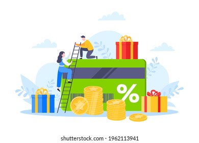 Get loyalty card and customer service business concept flat design vector illustration. Earn loyalty program points and get online reward and gifts. Tiny people with big card and gift box.