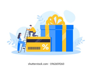 Get loyalty card and customer service business concept flat design vector illustration. Earn loyalty program points and get online reward and gifts. Tiny people with big card and gift box.