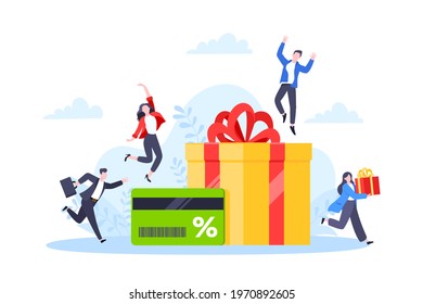 Get loyalty card and customer service business concept flat design vector illustration. Earn loyalty program points and get online reward and gifts. Tiny people with big card and gift box.