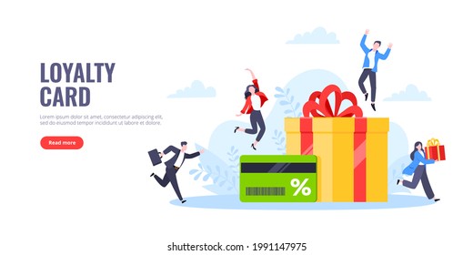 Get loyalty card and customer service business concept flat design vector illustration. Earn loyalty program points and get online reward and gifts. Tiny people with big card and gift box.