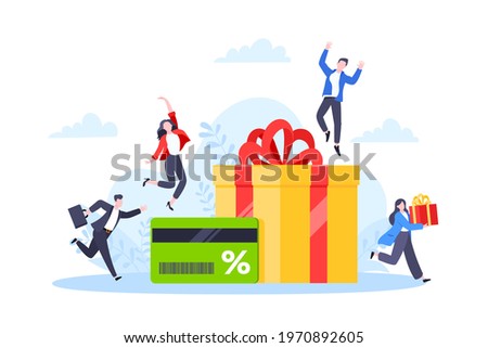 Get loyalty card and customer service business concept flat design vector illustration. Earn loyalty program points and get online reward and gifts. Tiny people with big card and gift box.