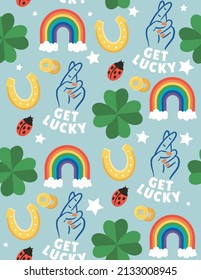 Get lucky -rainbows, horseshoes, cross fingers, lady bugs and four leaf clover. Seamless pattern with vector illustrations