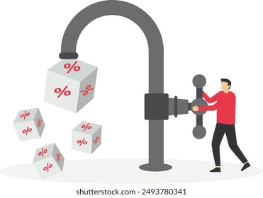 Get more benefits. Businessman opening water tap and cube block with percentage symbol icons fall from faucet. Modern vector illustration in flat style

