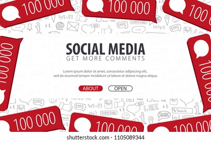 Get more Comments. Social Media banners with hand draw doodle background. Vector illustration