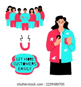 "Get More Customers Easily"a flat vector banner template with a hand-drawn style on a white background.A social network advertising resulted in a large number of new customers for the girl. 