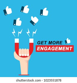 Get more engagement illustration. hand hold horseshoe magnet pulling or get many thumb likes