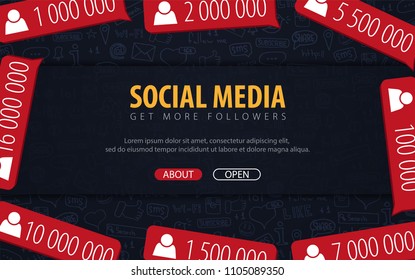 Get more Followers. Social Media banners with hand draw doodle background. Vector illustration