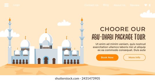 Get more info and book your trip now, choose our Abu Dhabi package tour. Adventures for holiday or weekends, voyage exploration of world. Website landing page, internet site. Vector in flat style