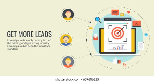 Get more leads, lead generation, on-line sales vector concept with icons isolated on light background