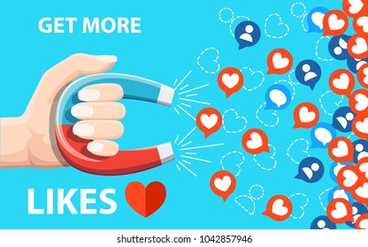 Get more likes. Hand hold horseshoe magnet pulling or get many likes. SEO concept. Vector illustration isolated on blue background. Web site page and mobile app design