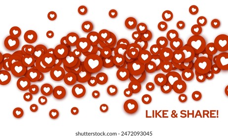 Get More Likes. Like and Share. Social Media Red Heart Like Icons Floating on White Background Design for Web App, Analytics, Promotion, Marketing, SMM, SEO. Vector Illustration. 