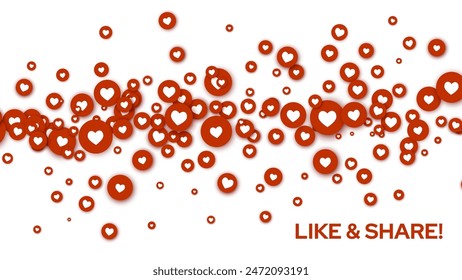 Get More Likes. Like and Share. Social Media Red Heart Like Icons Floating on White Background Design for Web App, Analytics, Promotion, Marketing, SMM, SEO. Vector Illustration. 