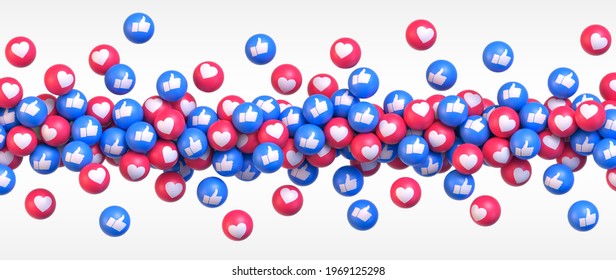 Get More Likes. Many flying balls with social media icons thumb up and heart. Vector illustration