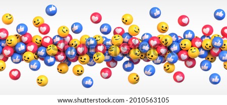 Get More Likes. Many flying blue red and yellow balls with social media icons. Vector illustration