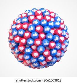 Get More Likes. Many reb and blue balls in shape of sphere with social media icons thumb up and heart. Vector illustration