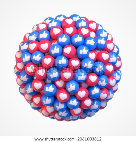 Get More Likes. Many reb and blue balls in shape of sphere with social media icons thumb up and heart. Vector illustration