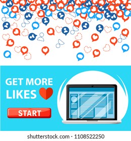 Get more likes. Red and blue icons falling. SEO concept. Design elements for social network,marketing. Vector illustration with laptop. Web site page and mobile app design.