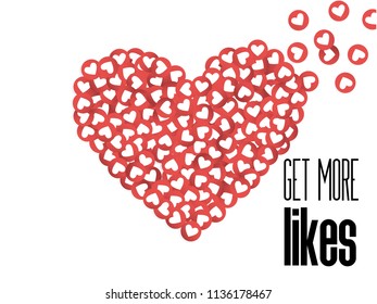 Get more likes. Red heart icons. SEO concept. Design elements for social network,marketing. Vector illustration on white background