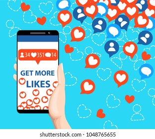 Get more likes. Smartphone pulling like. SEO concept. Hand holding horseshoe magnet. Design elements for social network,marketing. Vector illustration isolated on blue background.