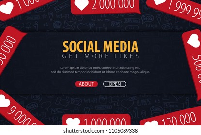 Get more Likes. Social Media banners with hand draw doodle background. Vector illustration