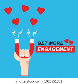 Get more love engagement on social media influencer illustration. Hand hold magnet pulling love icons