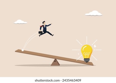 Get new business idea, creativity or invention, wisdom to drive success concept, businessman jump on seesaw with lightbulb.