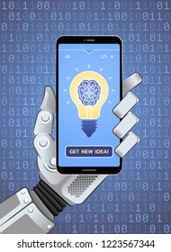 Get New Idea by an Artificial Intelligence. Mechanical hand of a robot holding smartphone and showing app of cybernetic lightbulb on its screen. Illustration on the theme of Artificial Intelligence.