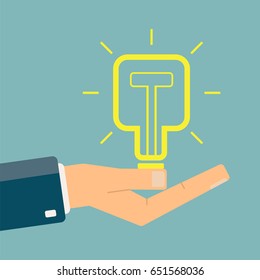Get new idea. Square light bulb on a hand. Vector illustration
