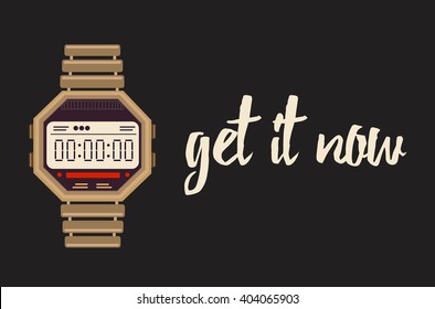 Get it now banner with digital watches on the black
