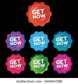 Get now - glossy label. circle sticker with gradient color.trendy color. modern design.set 