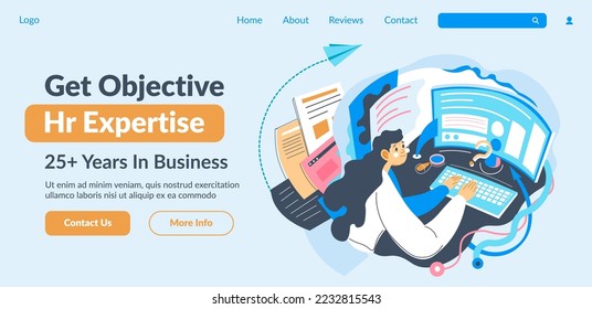 Get objective HR expertise from specialists 25 plus years in business. Business development with talented workers and best employees. Website landing page, internet site. Vector in flat style