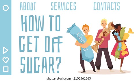 Quítate del concepto de adicción al azúcar del banner web con gente sosteniendo grandes caramelos, ilustración plana vectorial. Interfaz de la página web de comida para azúcar dulce.