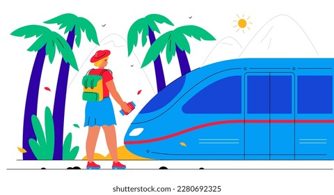 Get on the high speed train - modern colorful flat design style illustration on white background. A tourist woman with backpack, passport and tickets gets on a ground transport to go on a trip