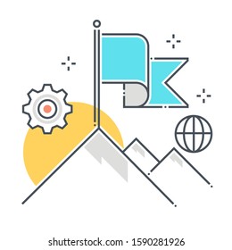 Get on top related color line vector icon, illustration. The icon is about climb up, mountain, target, achievement, flag, peak. The composition is infinitely scalable.