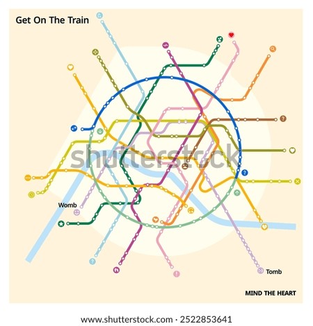 Get on the train of life, from womb to tomb as a mock-up metro subway underground u-bahn map. Lines starting and ending with icons of different symbols