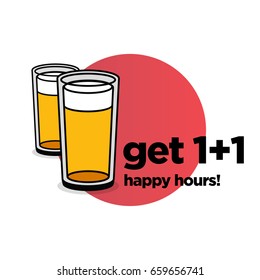 Get One Plus One Happy Hours With Beers in Flat Style