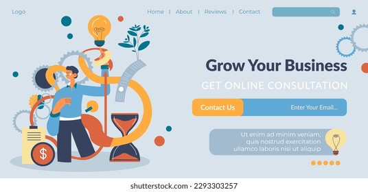 Obtén consultas en línea y haz crecer tu negocio. Apoyo y asesoramiento de expertos, consejos y recomendaciones para desarrollar su marca. Plantilla de página de inicio del sitio web, sitio de Internet. Vector de estilo plano