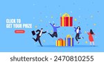 Get online incentive gift benefit reward and gifts, earn loyalty program points. Get loyalty card and customer service business concept flat design vector illustration. Tiny people with big gift boxes