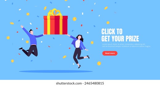 Get online incentive gift benefit reward and gifts, earn loyalty program points. Get loyalty card and customer service business concept flat design vector illustration. Tiny people with big gift boxes