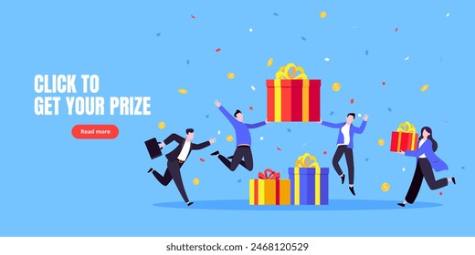 Get online incentive gift benefit reward and gifts, earn loyalty program points. Get loyalty card and customer service business concept flat design vector illustration. Tiny people with big gift boxes